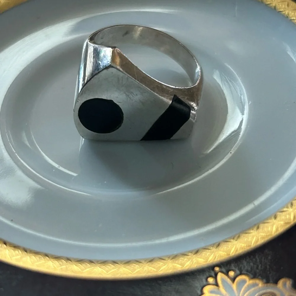 Vintage Modernist Black Onyx Inlay 925 Ring